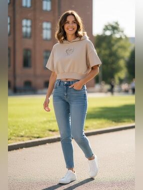 Lizette Collection Cropped Short-Sleeve Hoodie Top W/Heart Embellishment | NWT